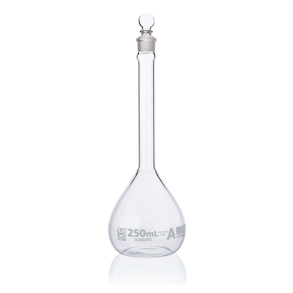 Globe Scientific Flask, Volumetric , Globe Glass, 250mL, Class A, To Contain (TC), ASTM E288, 6/Box Image